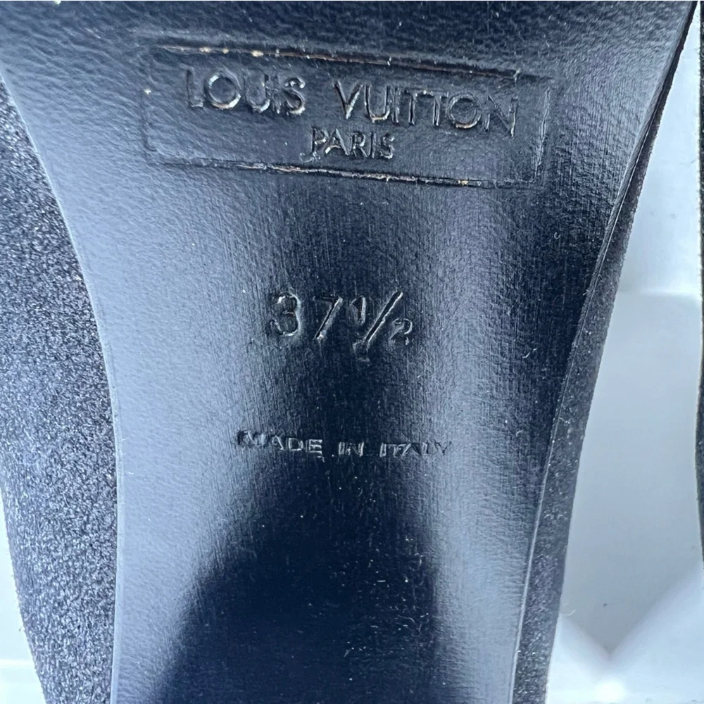 7019: Louis Vuitton Black Leather Mule Heels Gold LV Detail 37.5